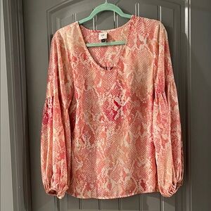 CAbi Pink and Cream Snake-Print Long Sleeve Blouse